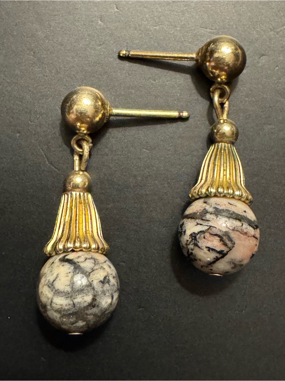 Gold Tone Jasper Stone Bead Drop Earrings